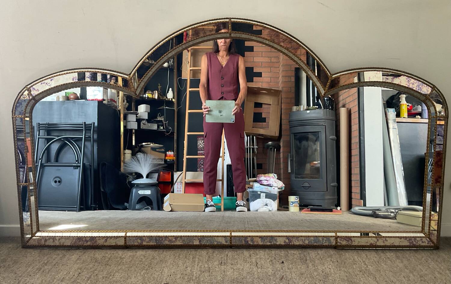 Large vintage brass and glazing bead mirror