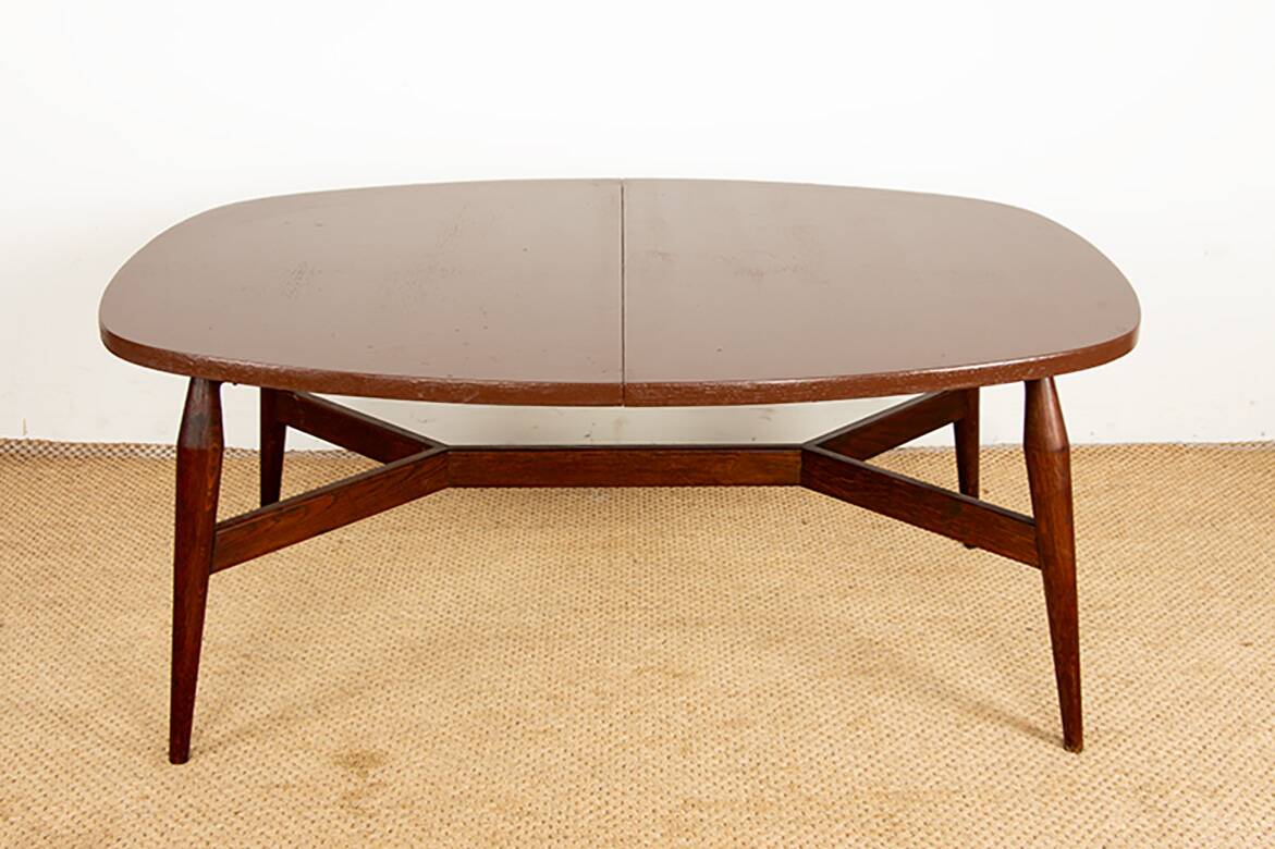 Danish high and low table in teak and brown lacquered wood, Smørrebrø model