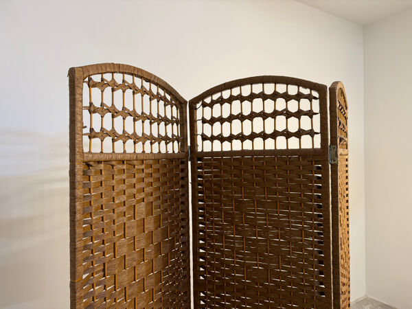 Paravent vintage en rotin et osier tressé – 3 panneaux – années 1970