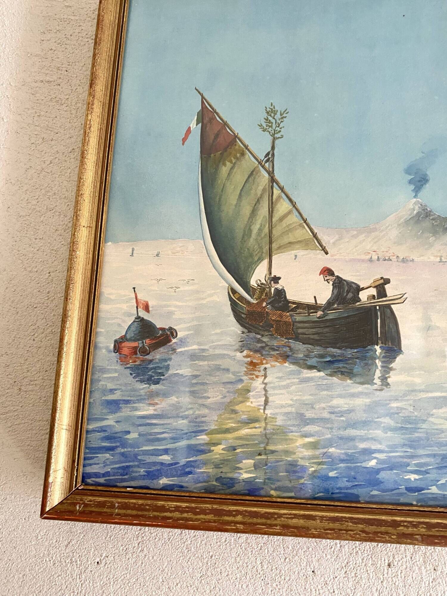 Painting "Sicilian Fishermen" framed under glass.