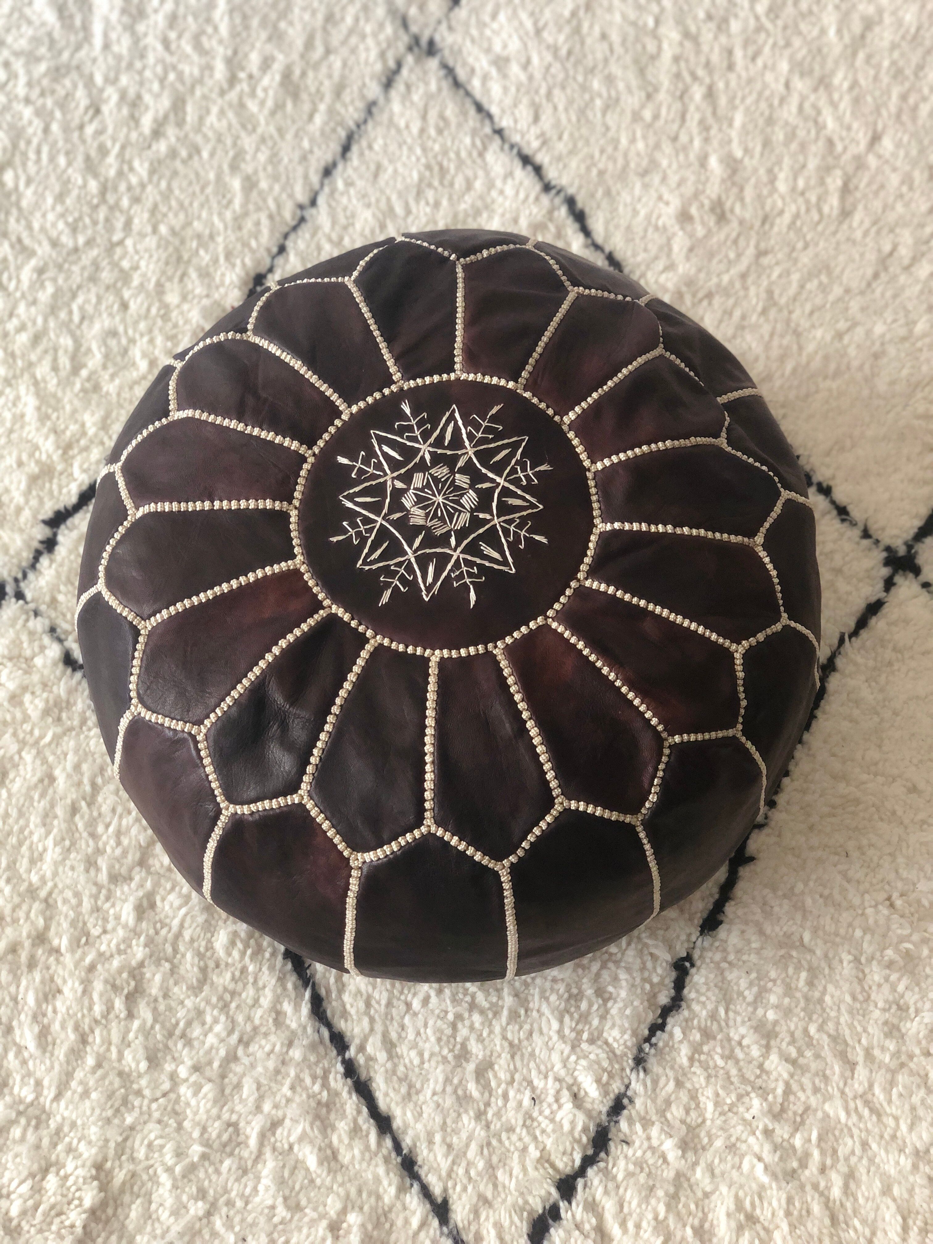 Moroccan-style chocolate leather Pouf