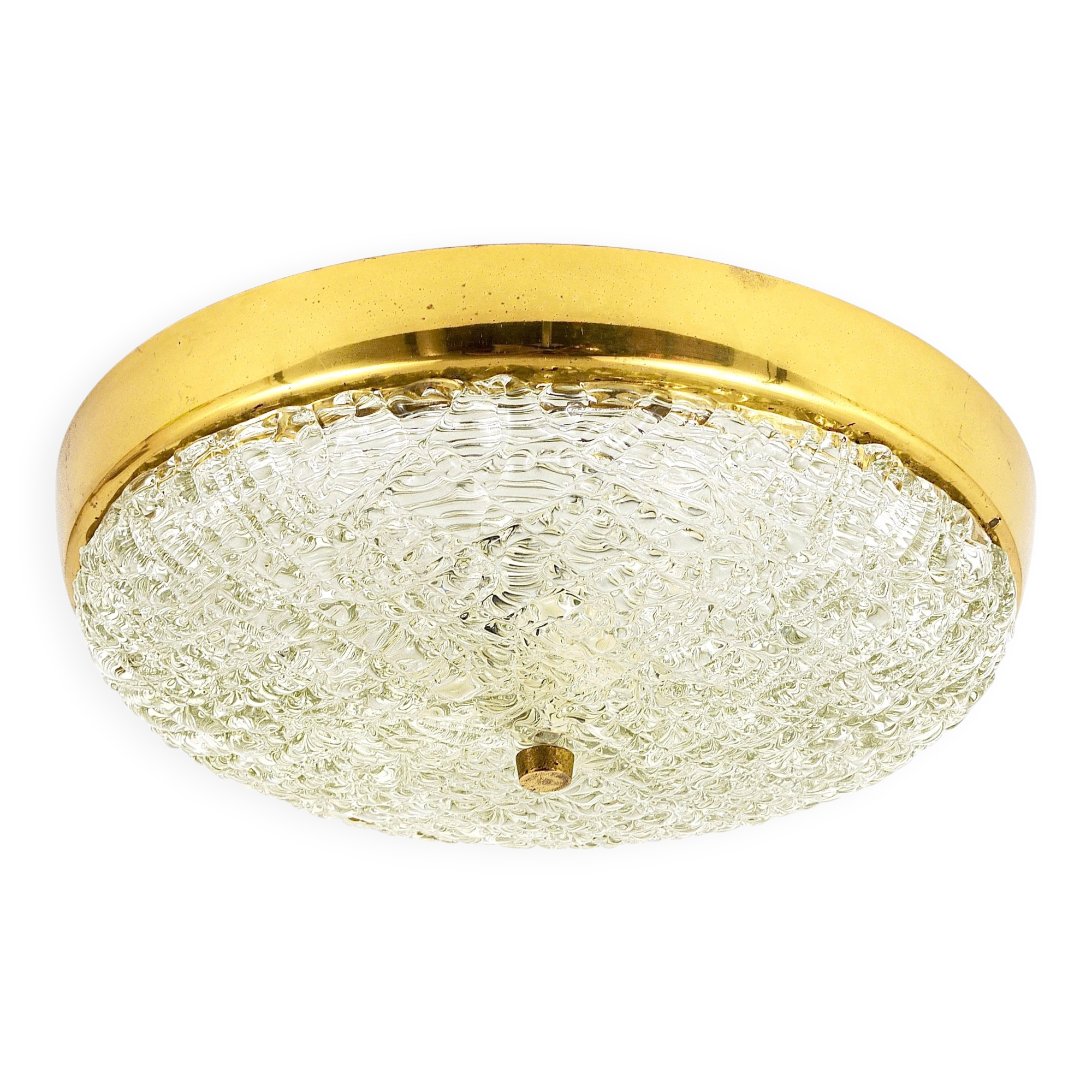 Applique Plafond Ronde J.T. Kalmar en Laiton et Verre Texturé, Moderne du Milieu du Siècle, Autriche, Années 1950
