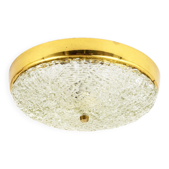 Round Ceiling Light J.T. Kalmar in Brass and Textured Glass, Mid-Century Modern, Austria, 1950s