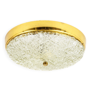 Round Ceiling Light J.T. Kalmar in Brass and Textured Glass, Mid-Century Modern, Austria, 1950s