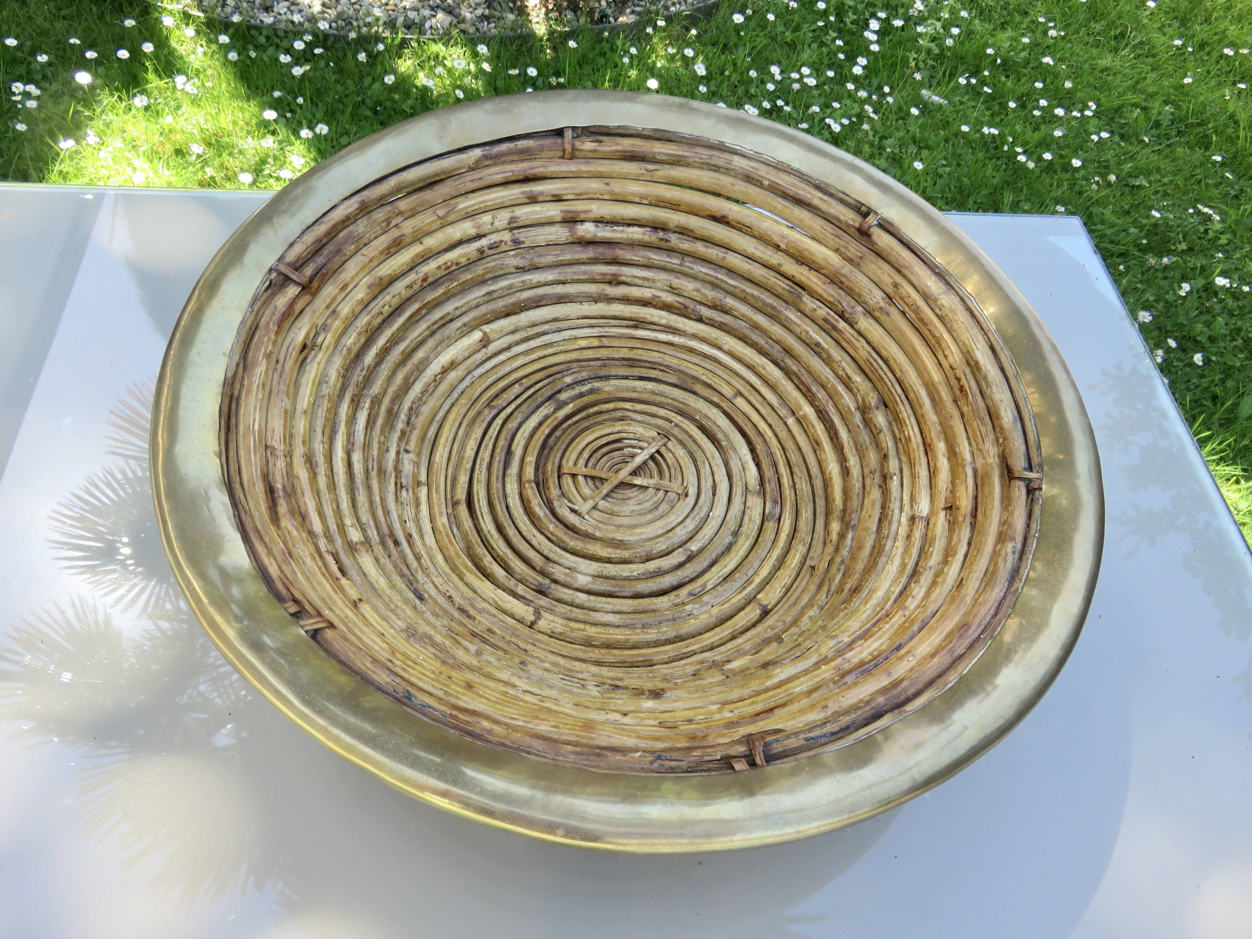 Large basket in the style of Gabriella Crespi made of bamboo and brass.