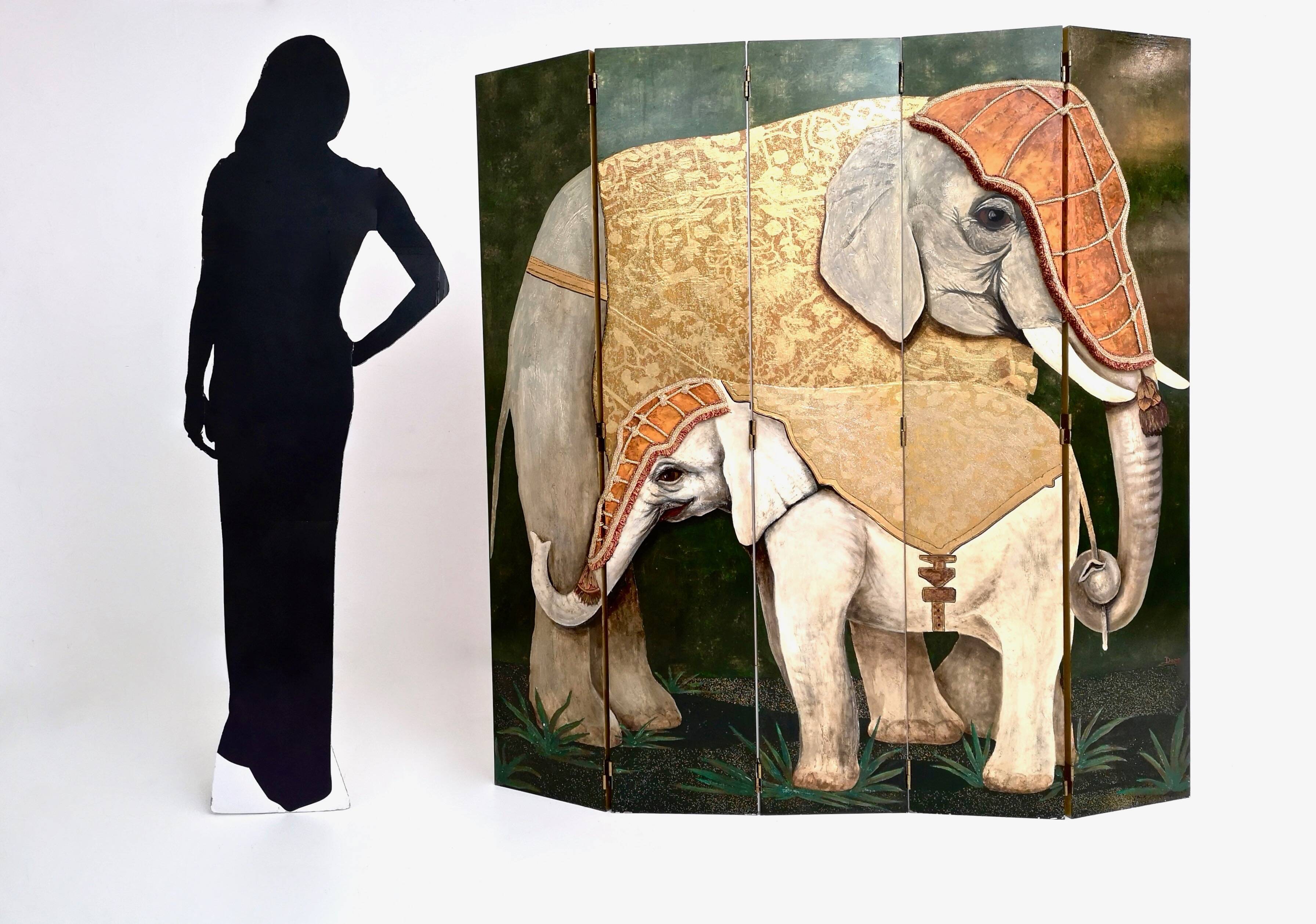 Postmodern five-panel room divider by doro with two asiatic elephants, italy