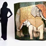 Postmodern five-panel room divider by doro with two asiatic elephants, italy