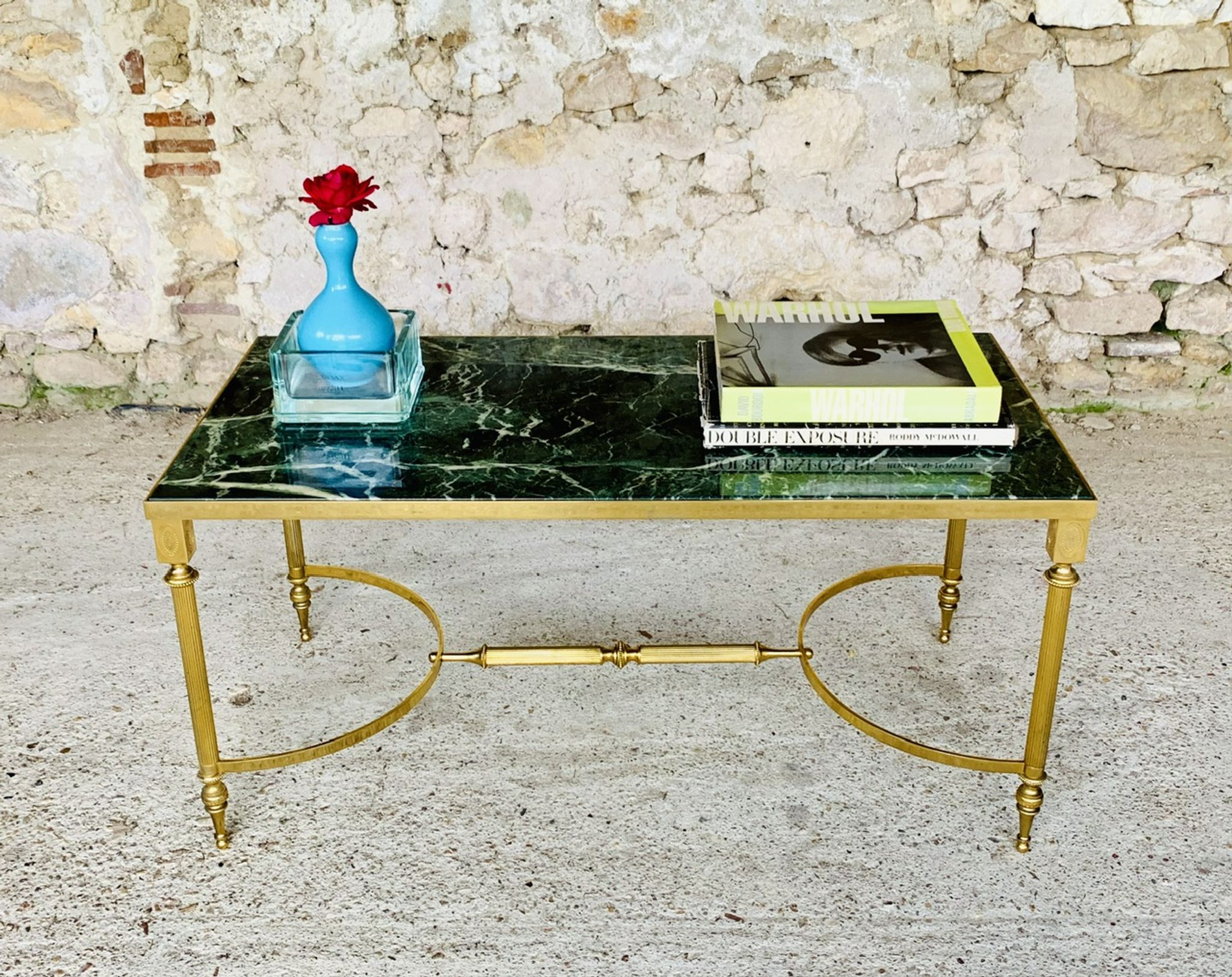Mid-century coffee table in green marble and brass, 1960s
