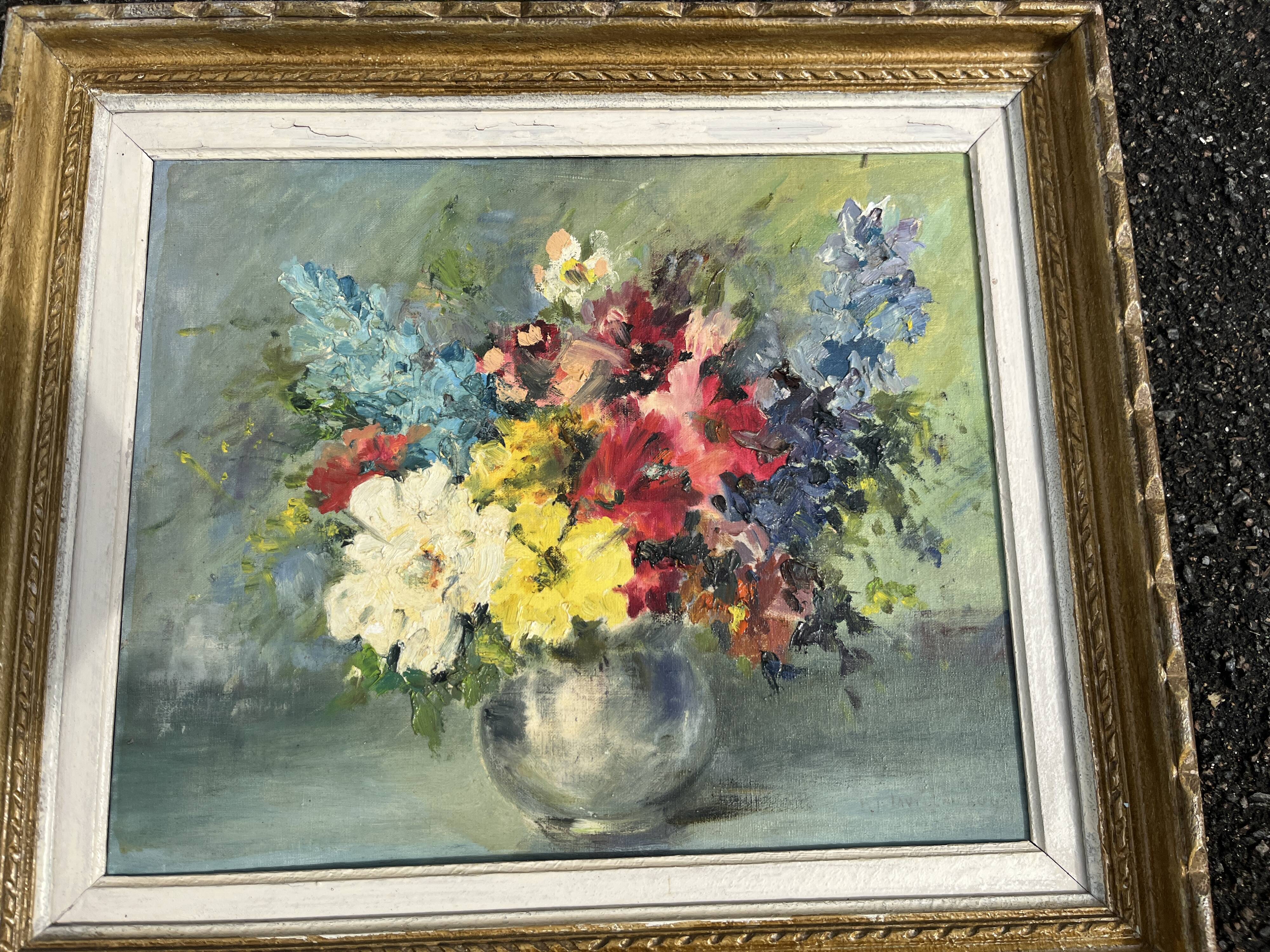 Still life of flowers in Impressionist style with a golden frame.