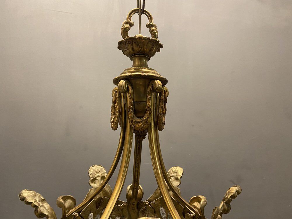 Vintage Bronze & Crystal Beaded Chandelier, 1950s