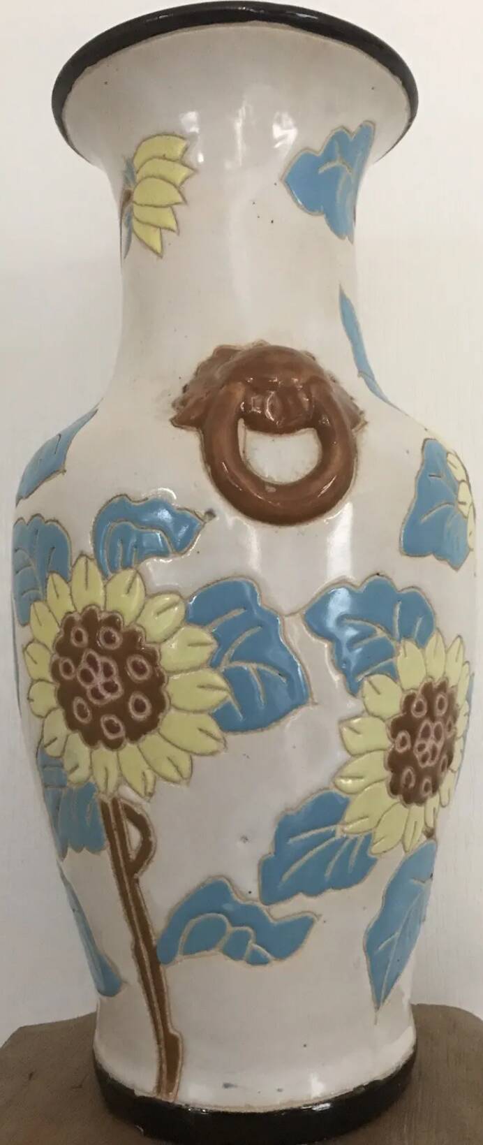 Glazed ceramic vase with polychrome decoration of sunflower flowers 36 cm
