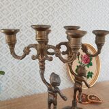Paire de chandeliers trois branches anges chérubins en régule  - vintage