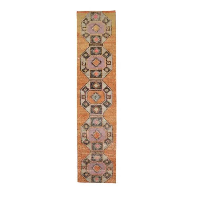 Tapis couloir vintage turc Oushak fait à la main en laine et coton orange 75x330