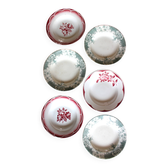 6 deep plates Marsac red Digoin Terre de fer green