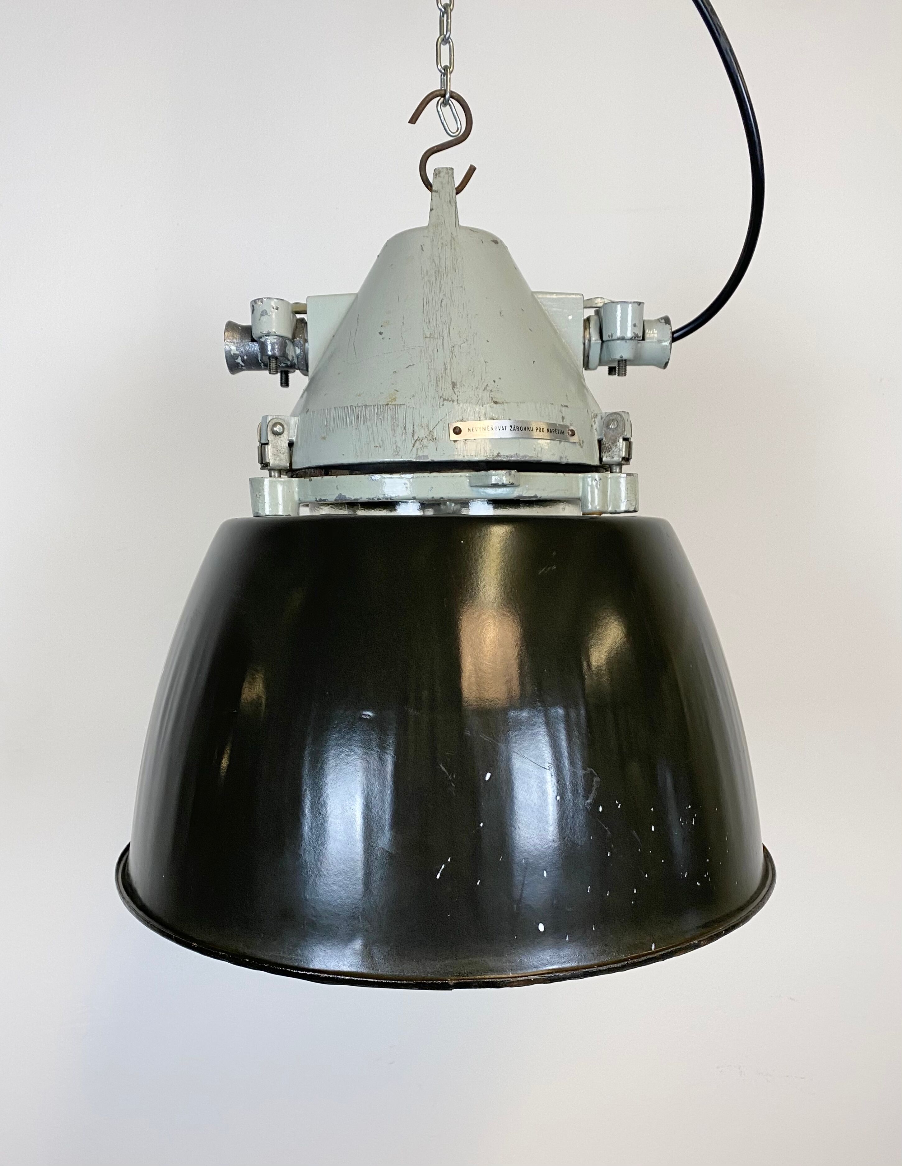 Grey cast aluminium explosion proof lamp with black enameled shade
