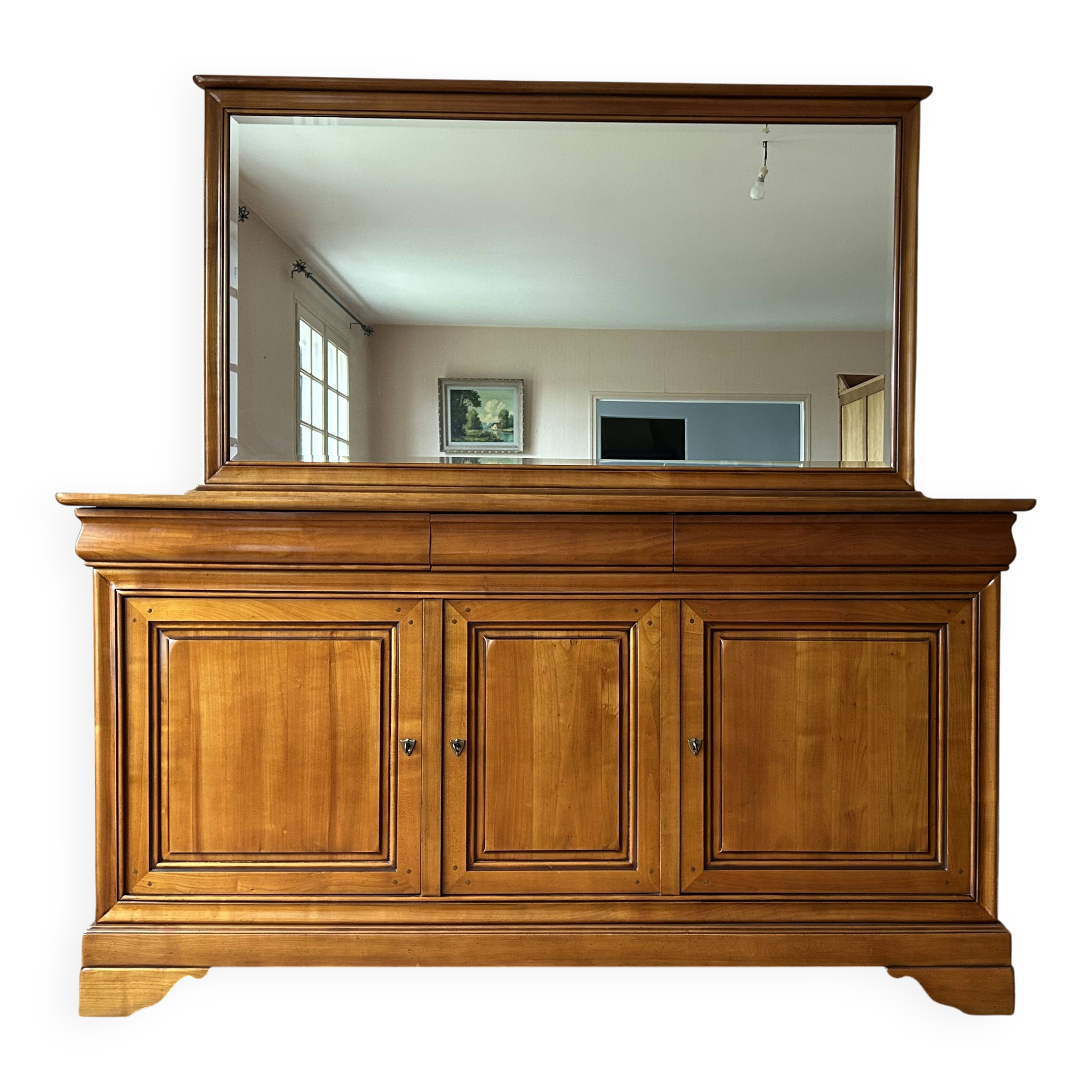 Solid cherry wood buffet Louis Philippe with 3 doors, 3 drawers + its mirror.