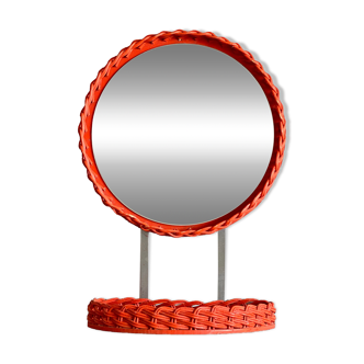 Vintage orange rattan / wicker wall mirror a shelf - 70s