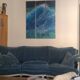 Louis XVI style curved bench sofa in storm blue velvet – 3 seater