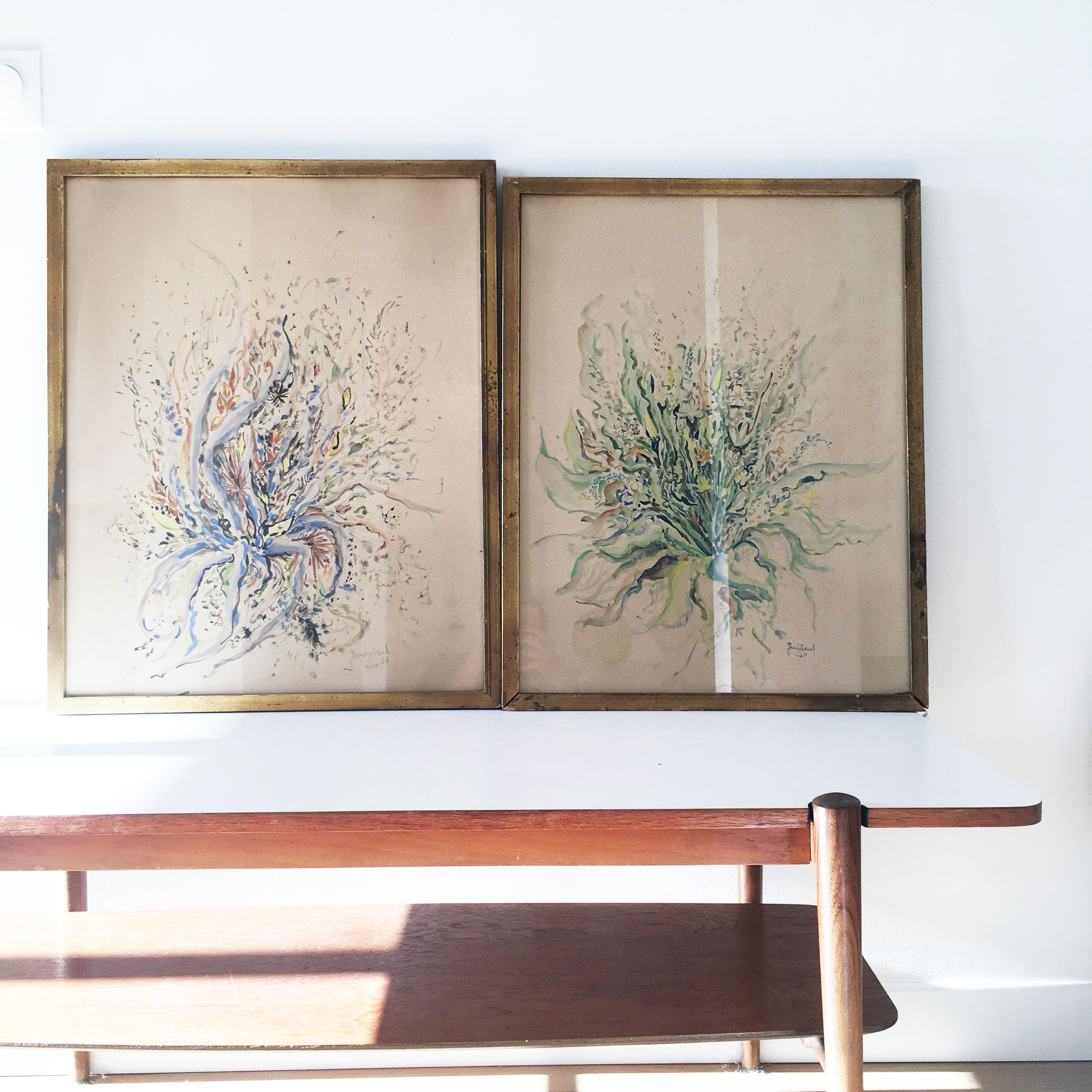 Pair of vintage paintings 1950 frame gilded wood