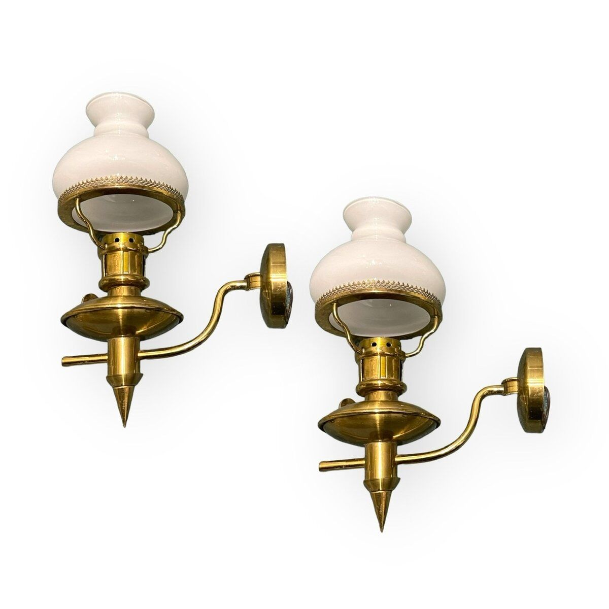 Vintage Brass Opaline Glass Sconces, 1960s, Set of 2