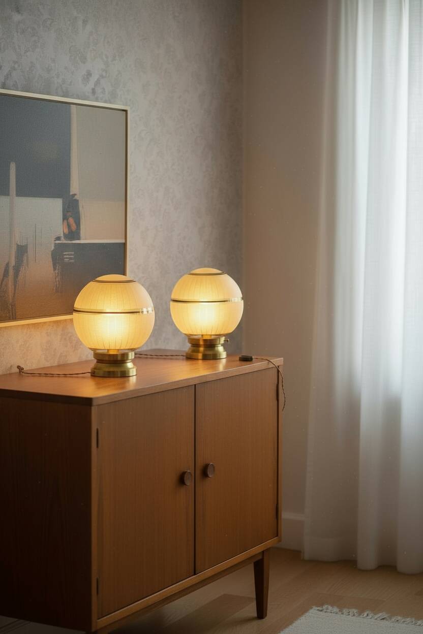 Pair of large art deco globe table lamps with brass legs