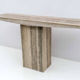Mid Century Italian Unfilled Travertine and Brass Inlay Console Table
