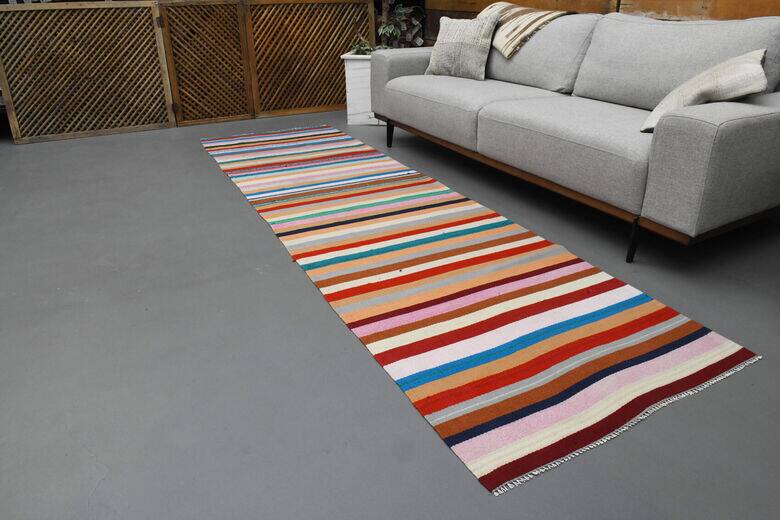 Vintage colourful flat kilim hallway rug 90x306 cm