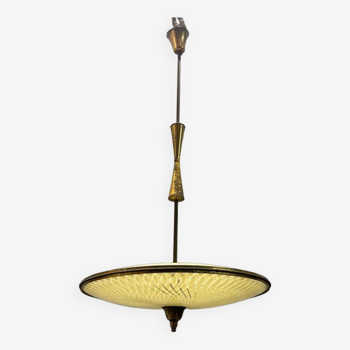 Suspension vintage bronze & verre light, années 1950