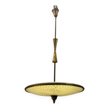 Suspension vintage bronze & verre light, années 1950