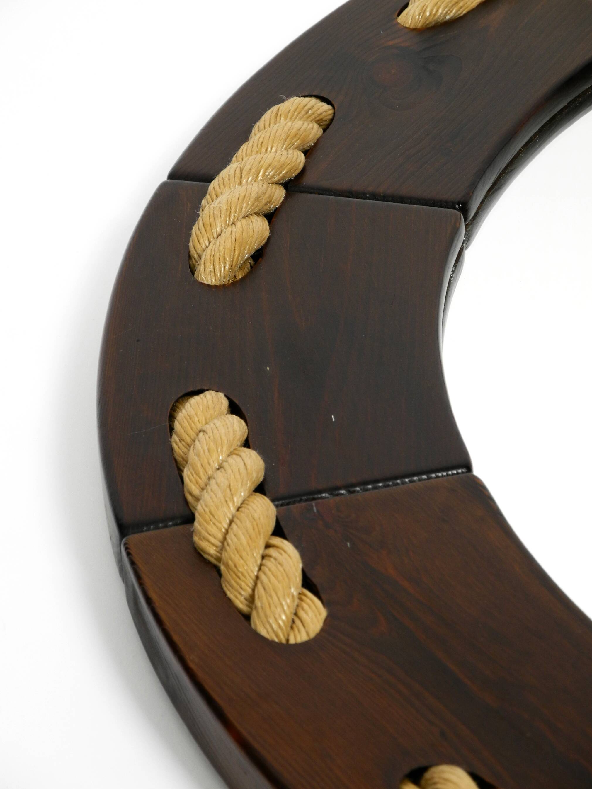 Huge 1970s maritime round pine wood wall mirror from Denmark | ∅ 89cm