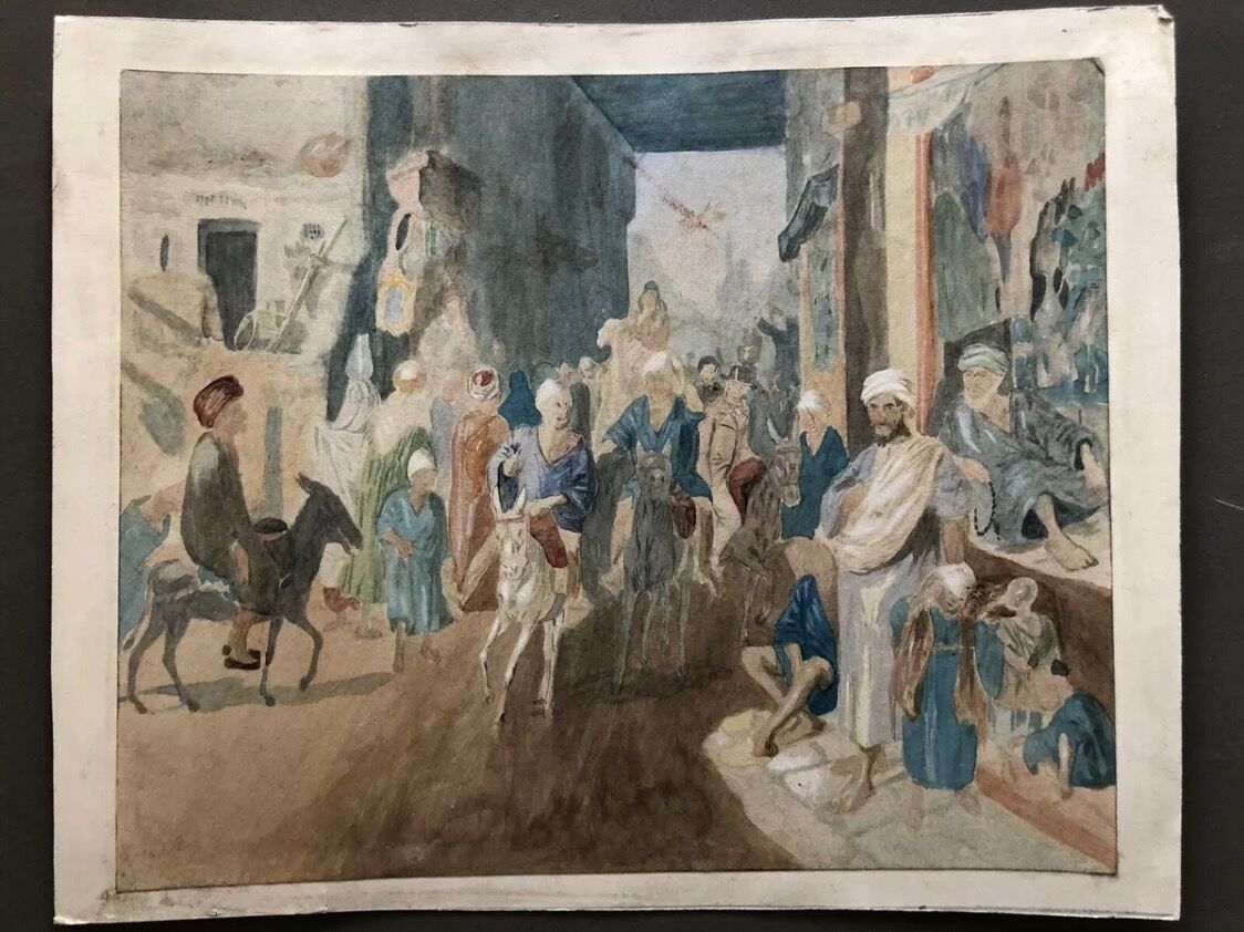 Orientalist watercolor drawing table