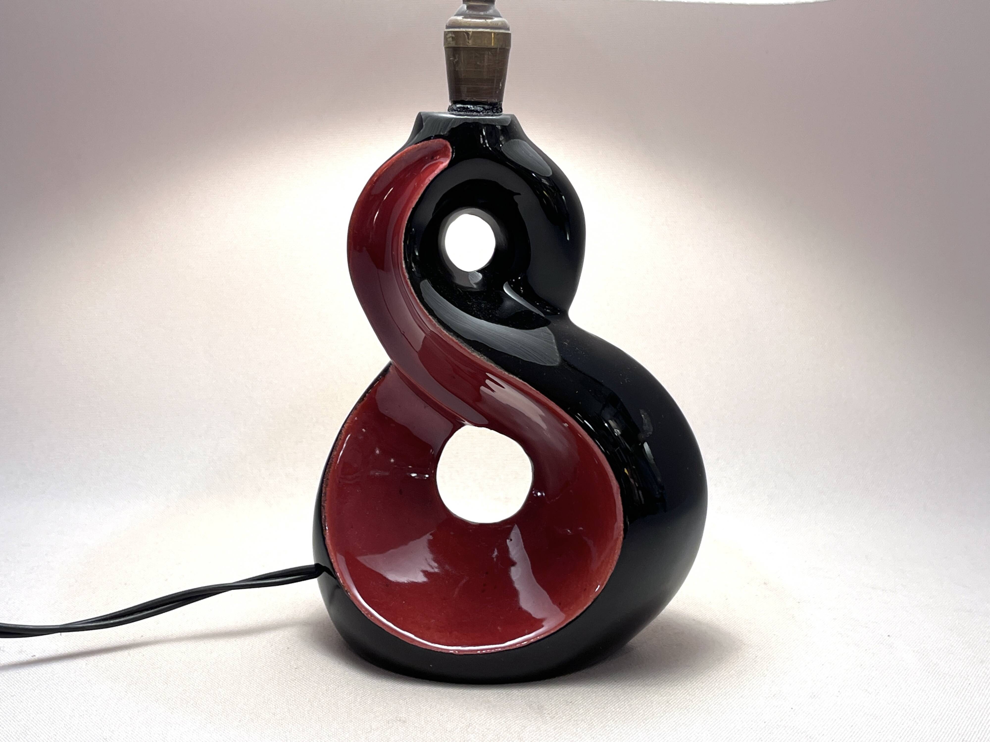 Red and black ceramic bedside lamp 8 Vallauris 50s 1950 vintage