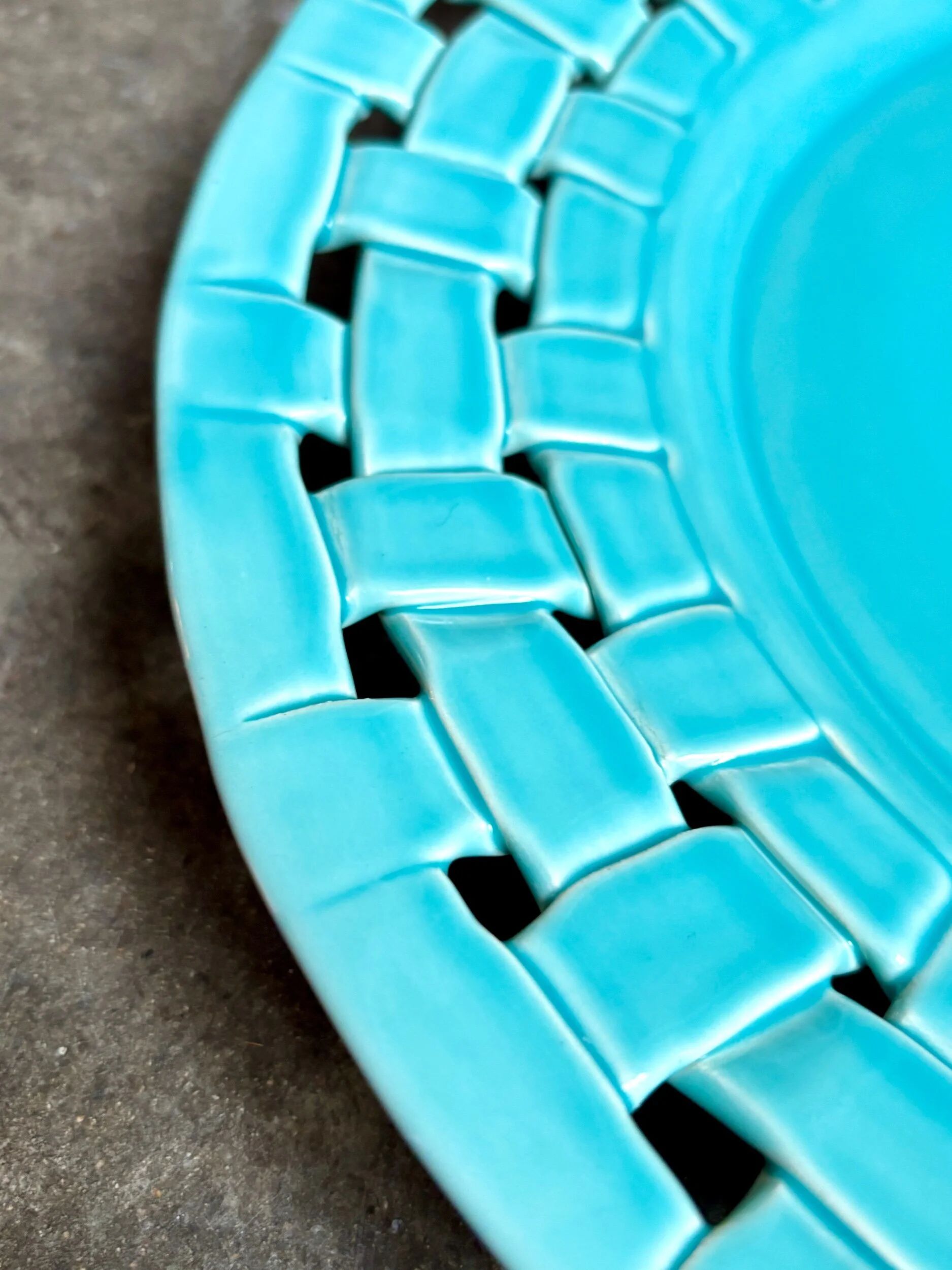 Serving plate, turquoise woven ceramic dish