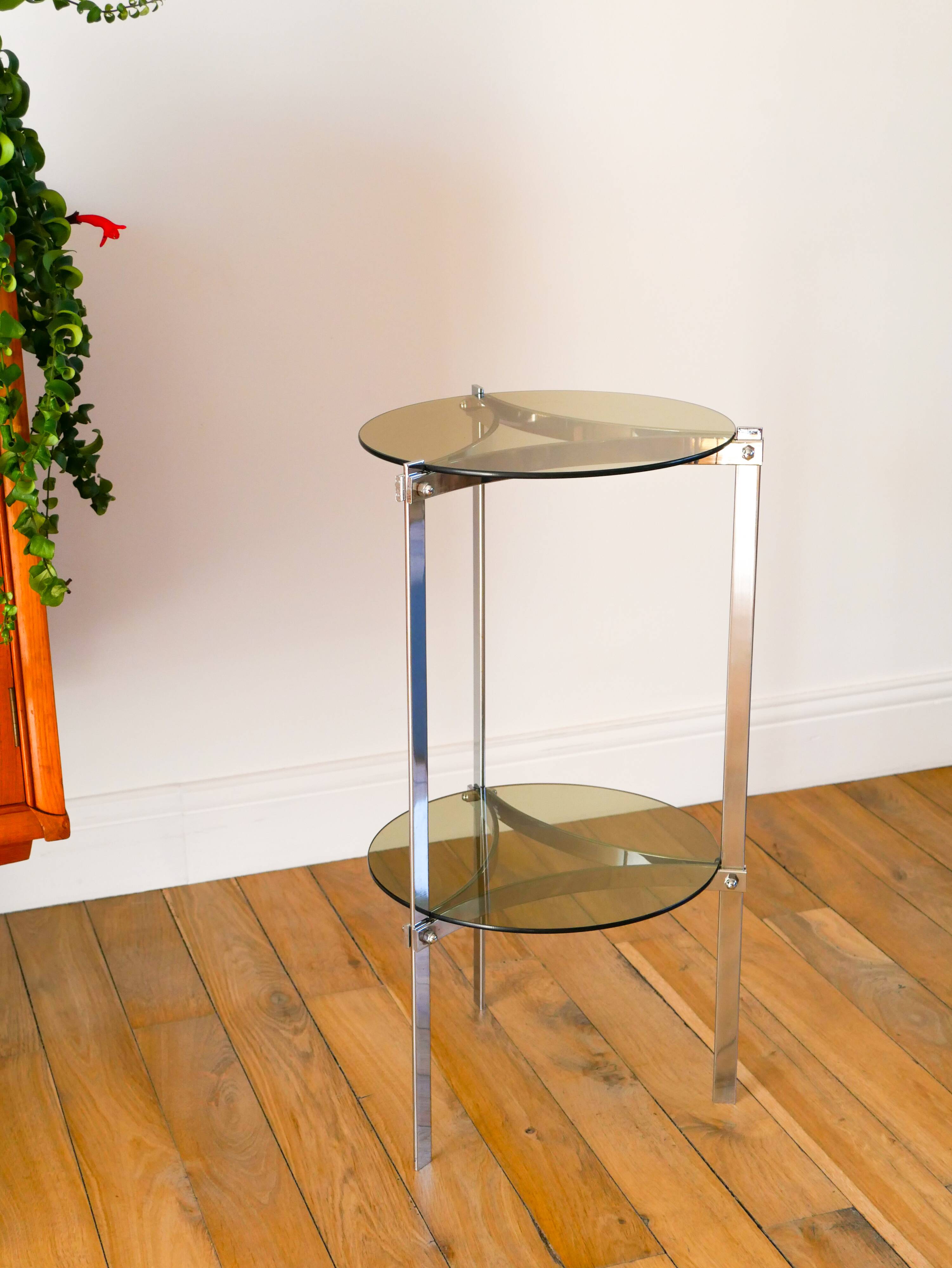 Tripod stand in chrome and smoked glass, double floors, Design, 1970