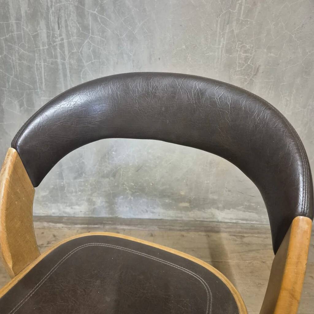 Vintage Curved-Back Dining Chair, Wood & Leatherette, Czechoslovakia, 1970s