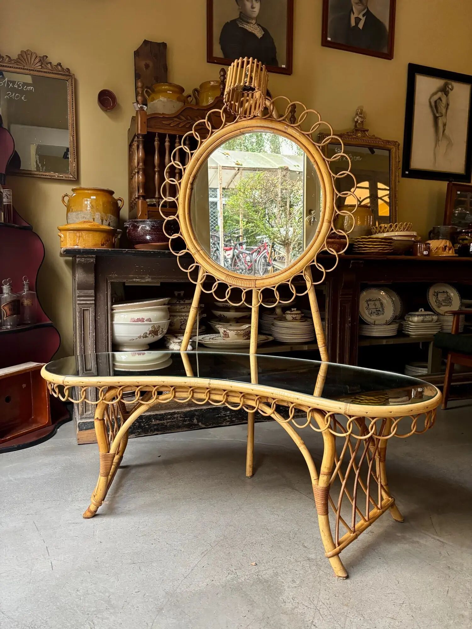 Bamboo, rattan and mirror dressing table with lighting in the style of Audoux-Minet, 1960s.