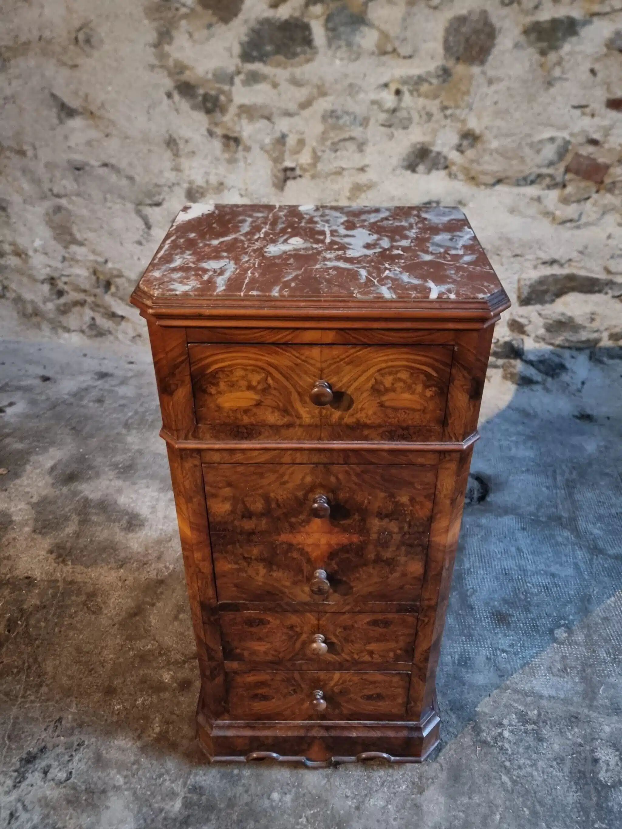 French antique bedside table in oak with walnut burl veneer, circa 1900.