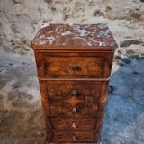 French antique bedside table in oak with walnut burl veneer, circa 1900.