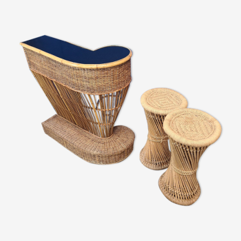 Ensemble bar et tabouret en rotin et osier vintage