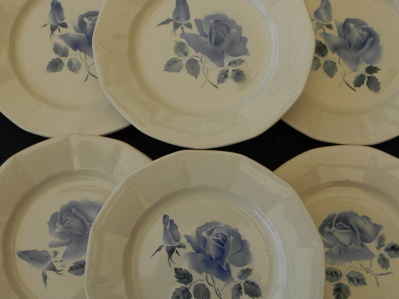 6 flat plates in Digoin Sarreguemines earthenware. Blue rose decoration.