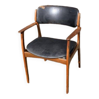 Fauteuil Eric Buch modèle 49, teck et cuir, Danemark, années 60