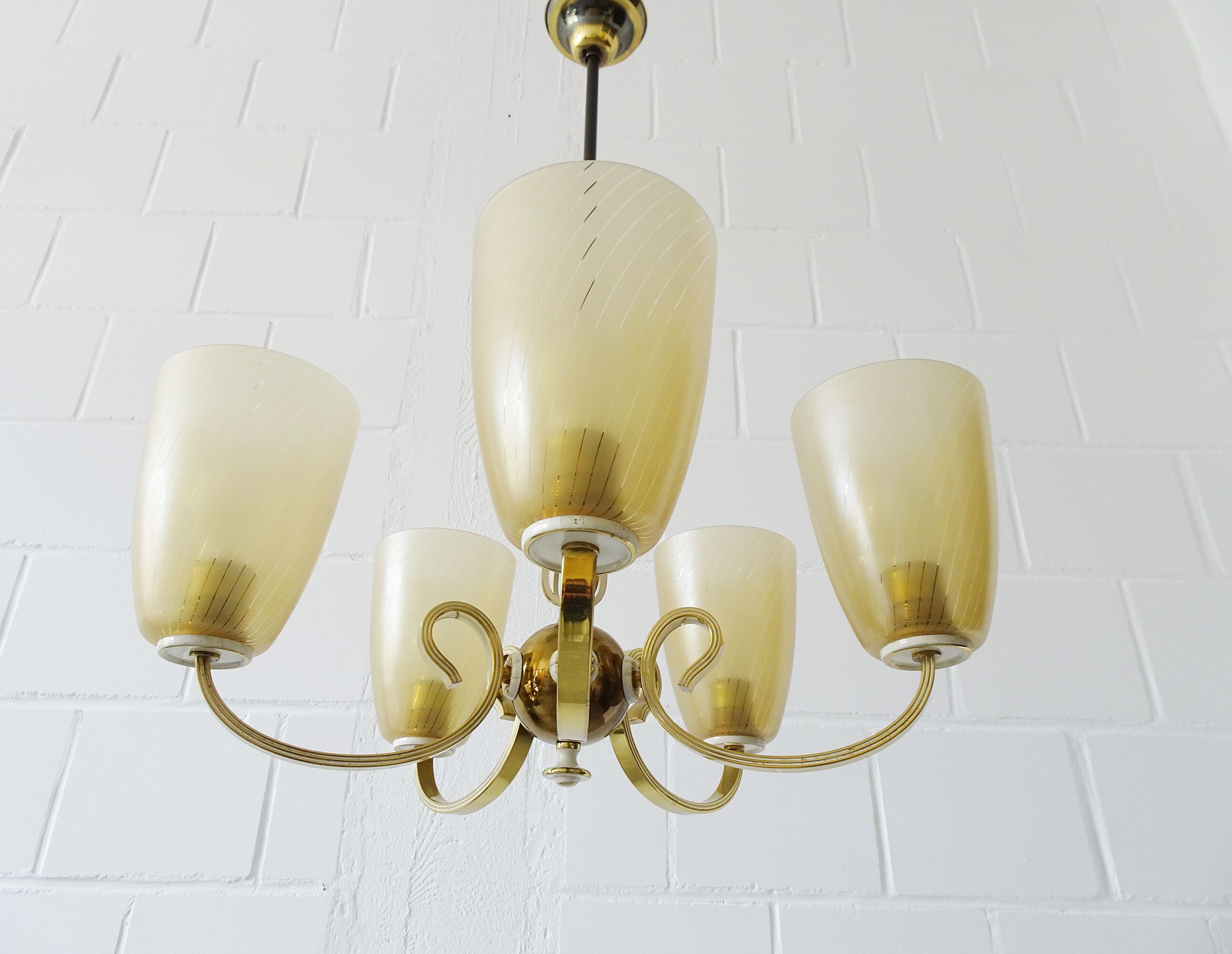 Five-armed chandelier made of brass and glass