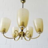 Five-armed chandelier made of brass and glass