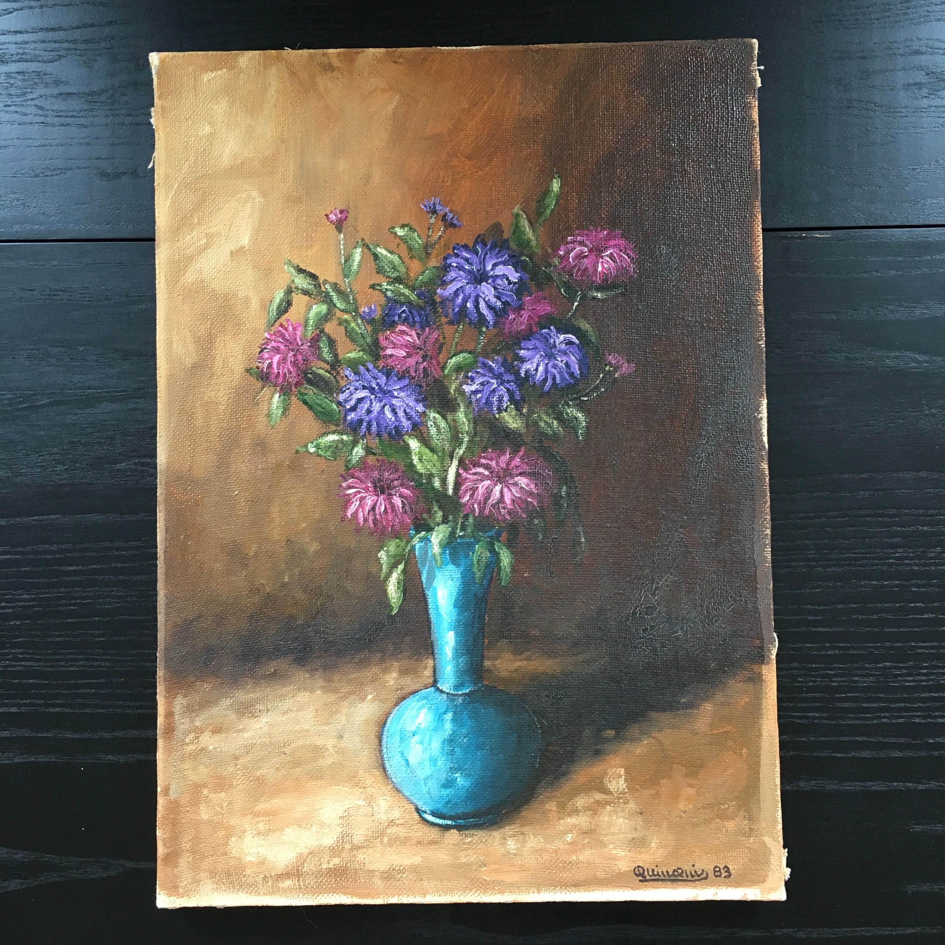 Tableau bouquet dans vase turquoise