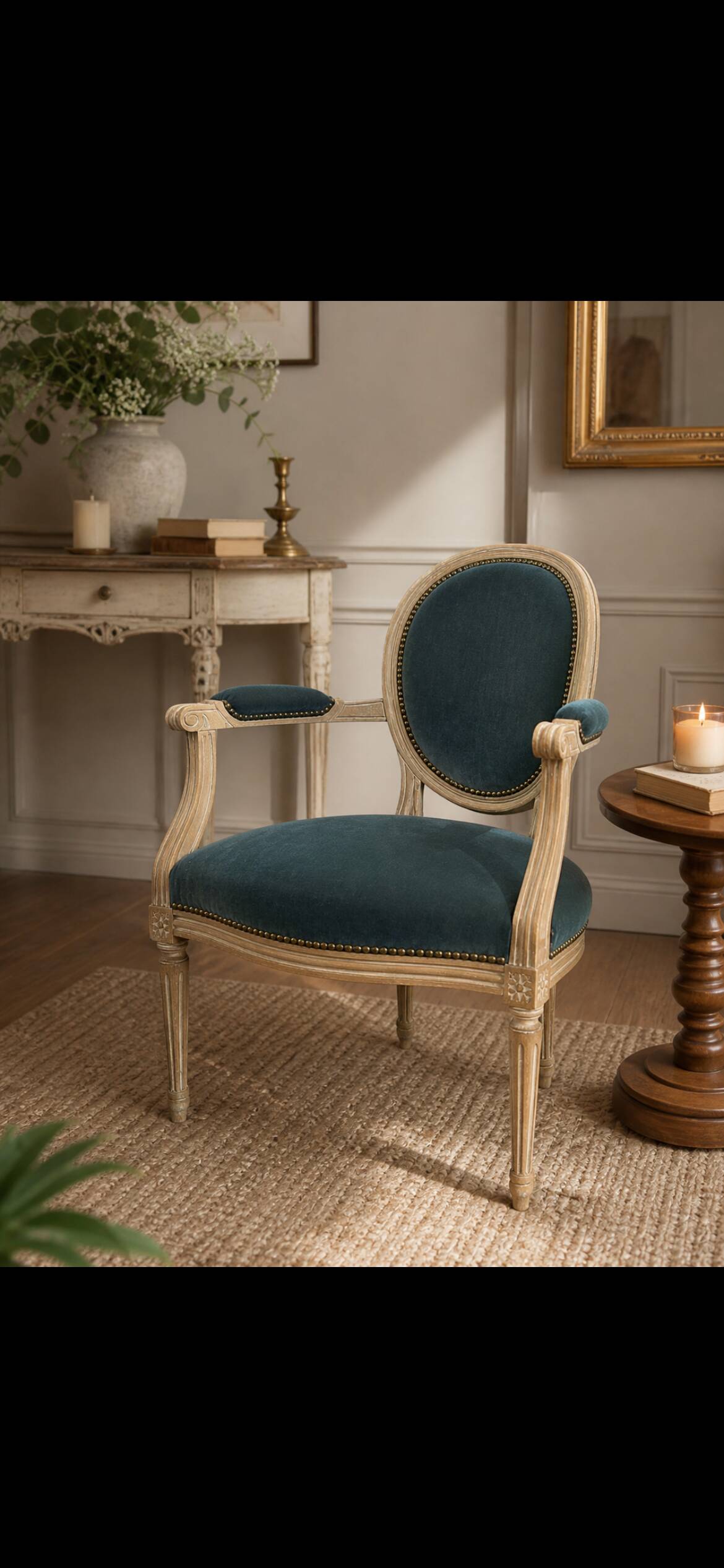 Louis XVI cabriolet armchair in blue velvet and wood, restored.
