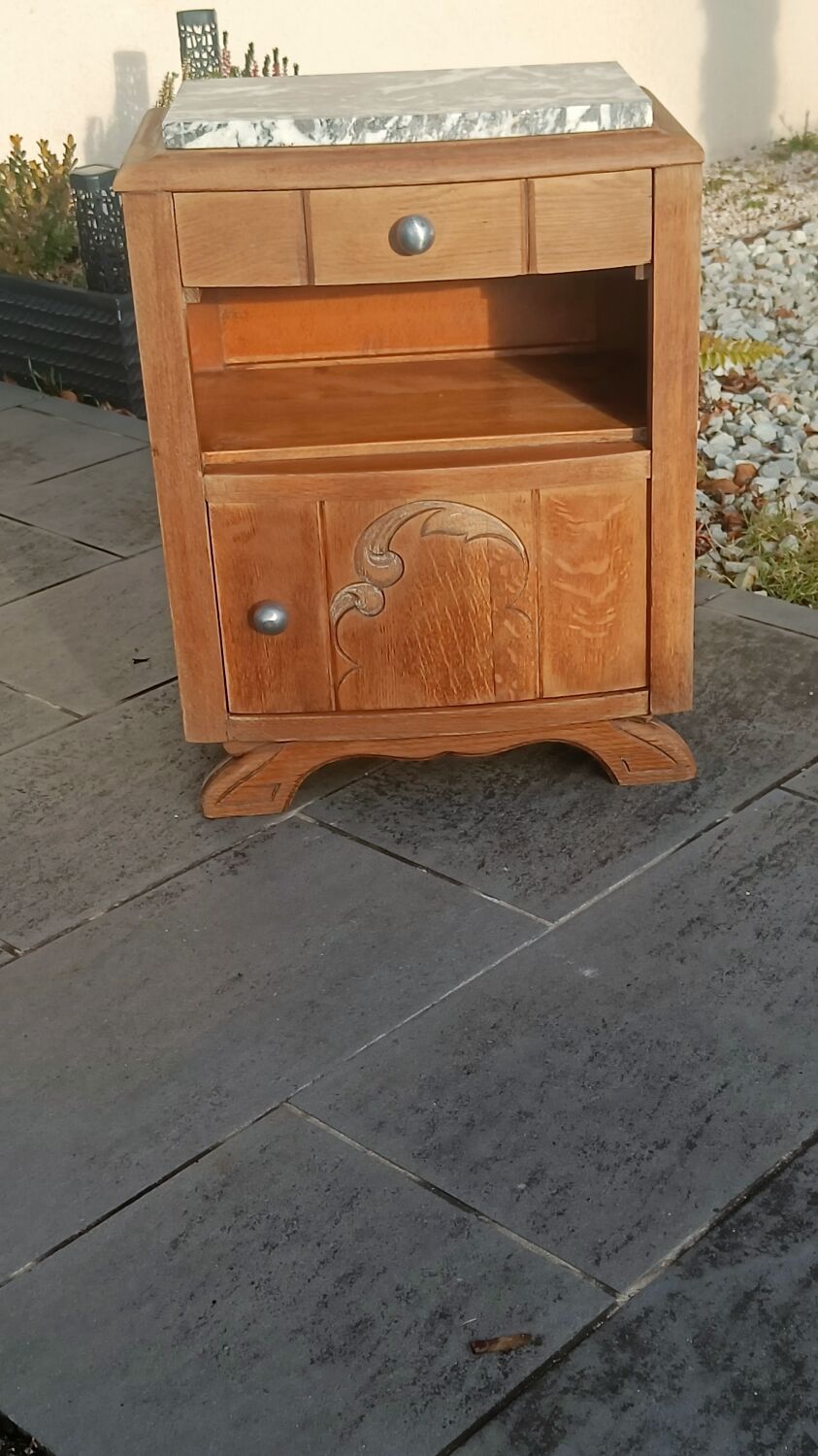 Solid oak bedside table with marble