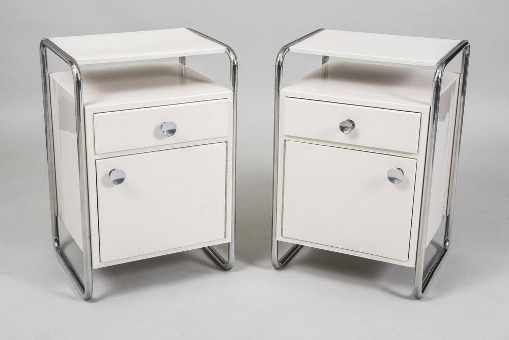 Bauhaus Bedside Tables in Chrome & Wood by Sab, Czech, 1930s, Set of 2