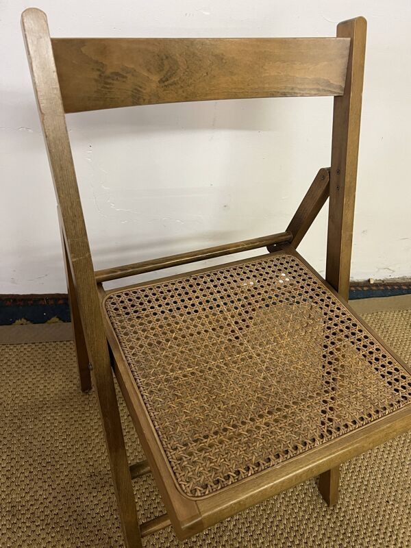 Chaise pliante en bois et cannage vintage