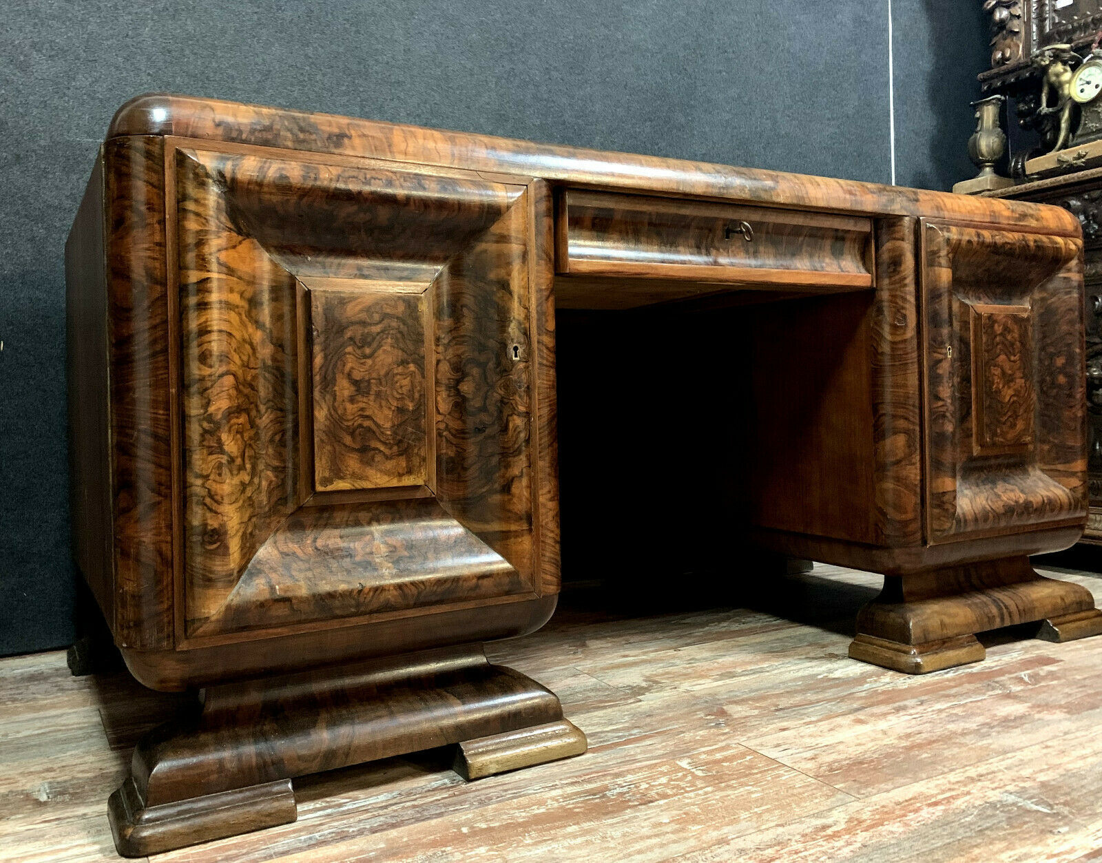 Art deco period office in walnut bramble and amboine magnifying glass