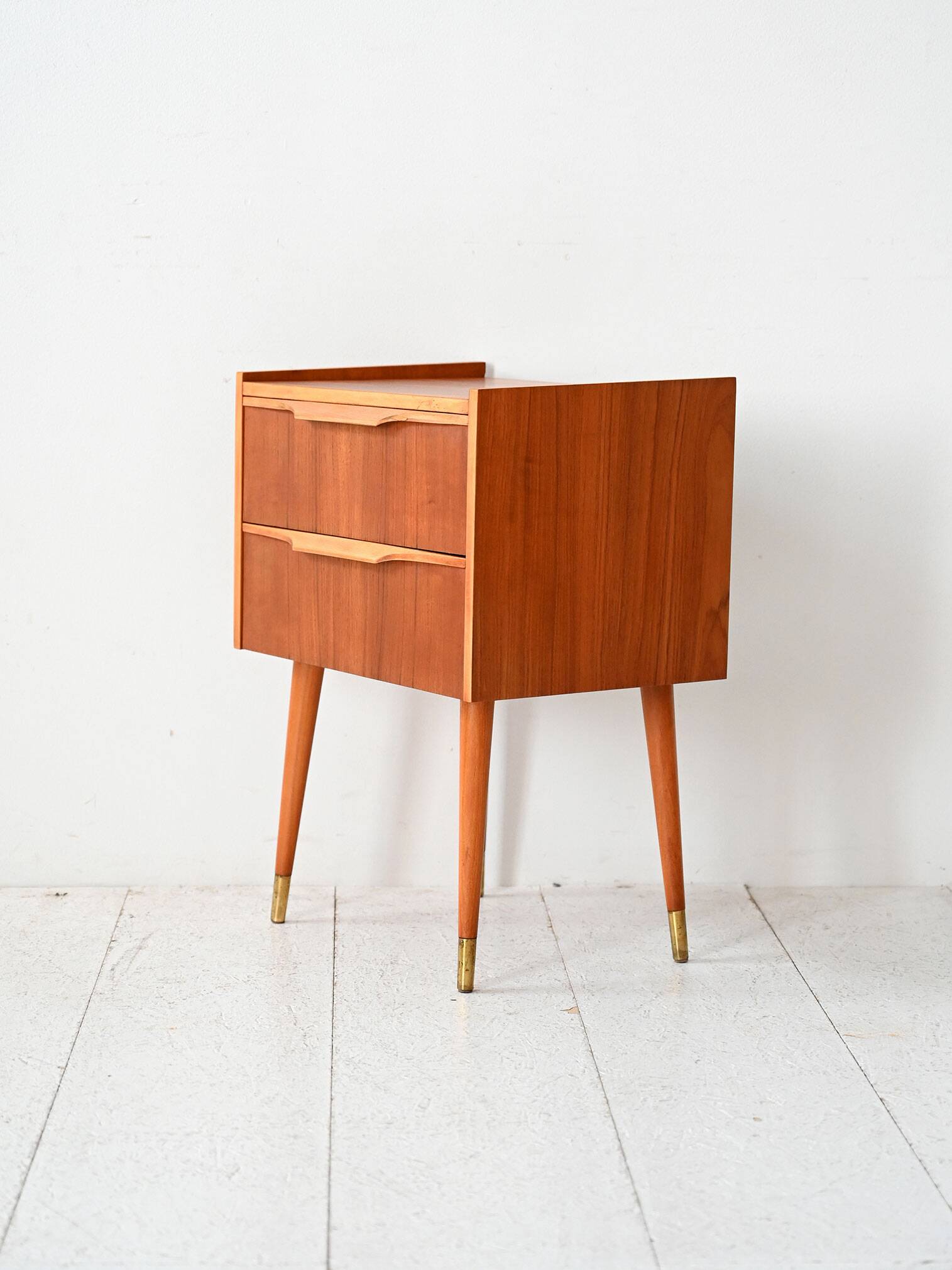1950s Scandinavian Teak Nightstand with Brass-Tipped Legs